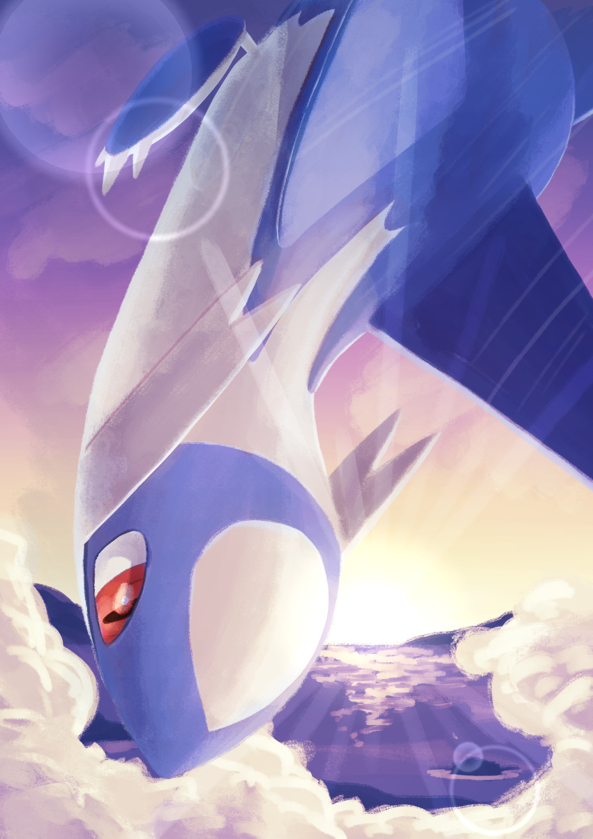 absurdres claws clouds commentary_request flying hatoro_kuroyoshi highres latios lens_flare looking_down no_humans outdoors pokemon pokemon_(creature) red_eyes sky solo sunset twilight water