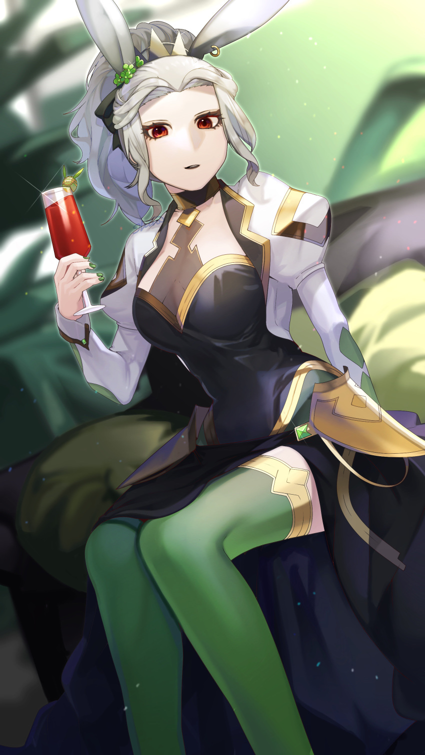 1girl absurdres alternate_costume animal_ears black_lips breasts cup fire_emblem fire_emblem_heroes glass green_nails grey_hair highres holding holding_cup ikura_(downdexp) large_breasts letizia_(fire_emblem) lipstick long_sleeves looking_at_viewer makeup medium_hair nail_polish ponytail rabbit_ears red_eyes sitting smile solo thigh-highs