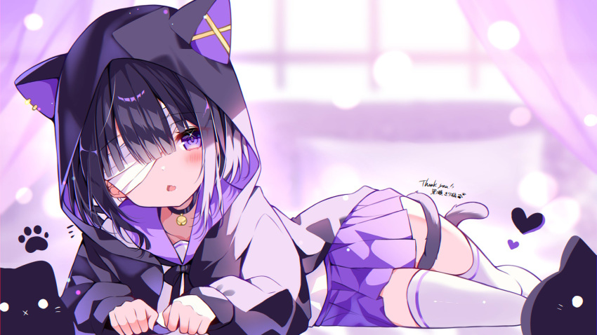 1girl :&lt; animal_ears animal_hood bandage_over_one_eye bell black_hair black_hoodie blunt_bangs blurry blurry_background blush cat_ears cat_hood commentary commission feet_out_of_frame heart highres hood hoodie indie_virtual_youtuber kurose_kiri long_sleeves looking_at_viewer lying neck_bell on_side open_mouth paw_print purple_background purple_skirt shirt short_hair skeb_commission skirt solo stuffed_animal stuffed_cat stuffed_toy suisei_1121 tail tail_around_leg thigh-highs violet_eyes virtual_youtuber white_shirt white_thighhighs