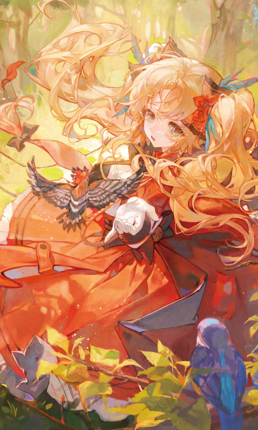 1girl absurdres arknights blonde_hair circle_skirt commentary dress english_commentary floating_hair from_above gloves highres long_hair looking_at_viewer maccha_(mochancc) official_art outdoors pinecone_(arknights) red_dress sitting solo white_gloves