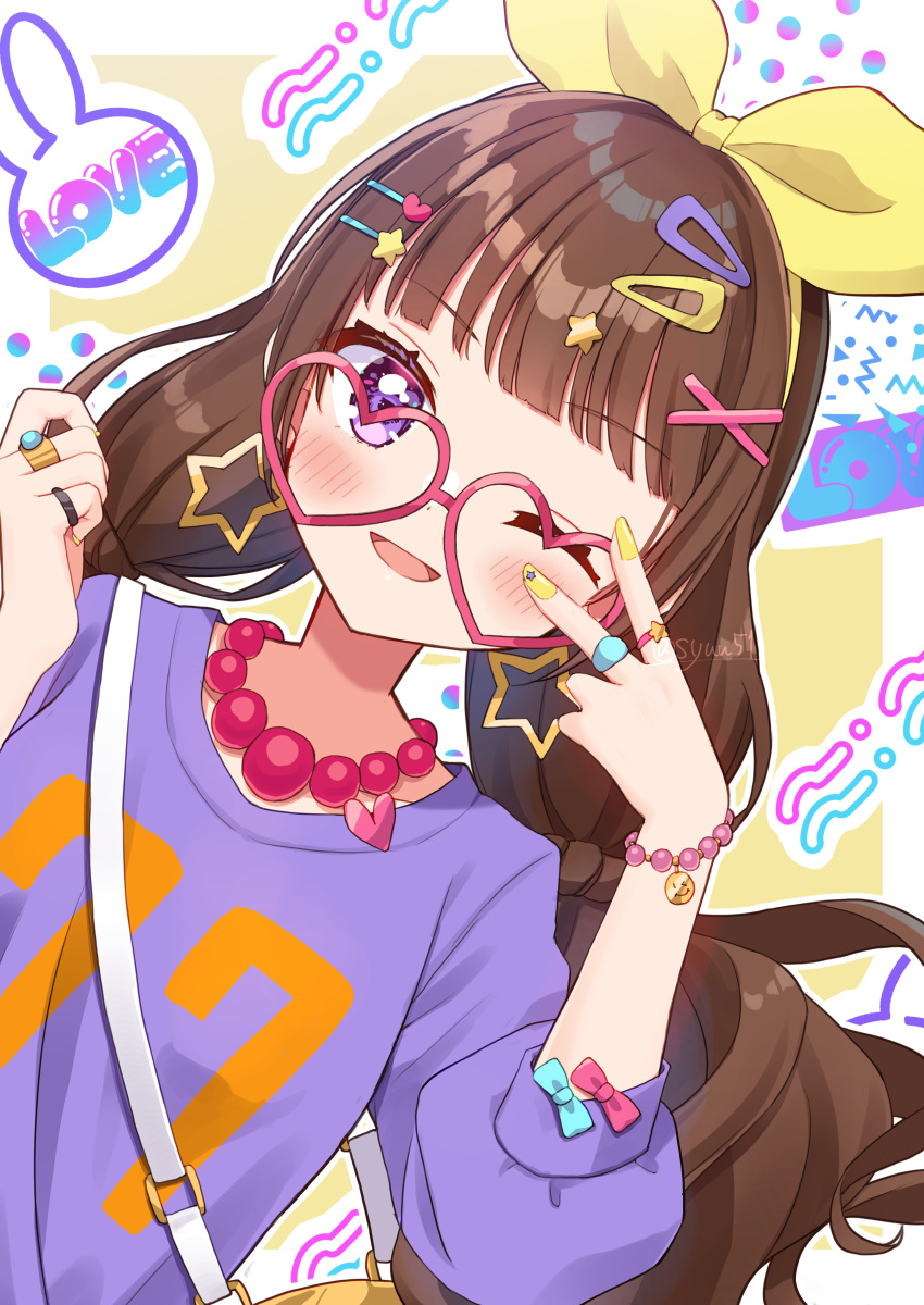 1girl absurdres amanogawa_kirara bag blunt_bangs bracelet brown_hair carrying commentary dutch_angle earrings english_commentary glasses go!_princess_precure hair_ornament hair_ribbon hairclip handbag heart heart-shaped_eyewear highres jewelry long_hair looking_at_viewer low_twintails nail_polish necklace one_eye_closed open_mouth pearl_necklace precure print_sweater purple_sweater red-framed_eyewear ribbon ring shuu_(mniarnoakou) smile solo star_(symbol) star_earrings star_hair_ornament sweater twintails v violet_eyes yellow_ribbon