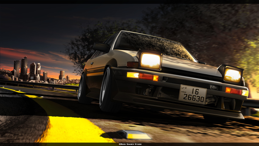 artist_name car city driving english_commentary headlight jordan letterboxed license_plate mads_shades motor_vehicle original outdoors solo toyota toyota_sprinter_trueno tree vehicle_focus
