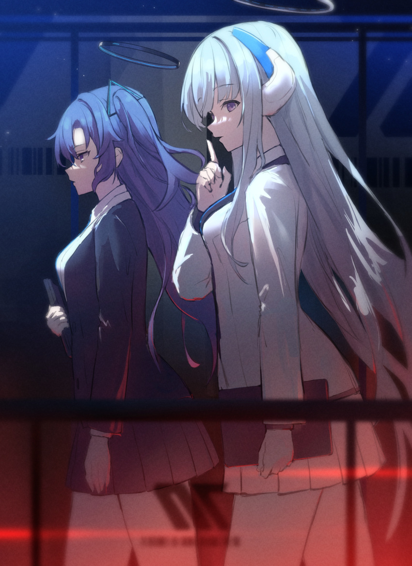 2girls absurdres blue_archive blue_hair blunt_bangs blurry collared_shirt commentary_request depth_of_field finger_to_mouth formal from_side halo headpiece highres indoors jacket long_hair long_sleeves looking_at_viewer matsushika miniskirt multiple_girls noa_(blue_archive) open_clothes open_jacket parted_bangs pleated_skirt purple_hair school_uniform shadow shirt shushing sidelocks skirt suit thighs two_side_up violet_eyes walking white_shirt white_skirt yuuka_(blue_archive)