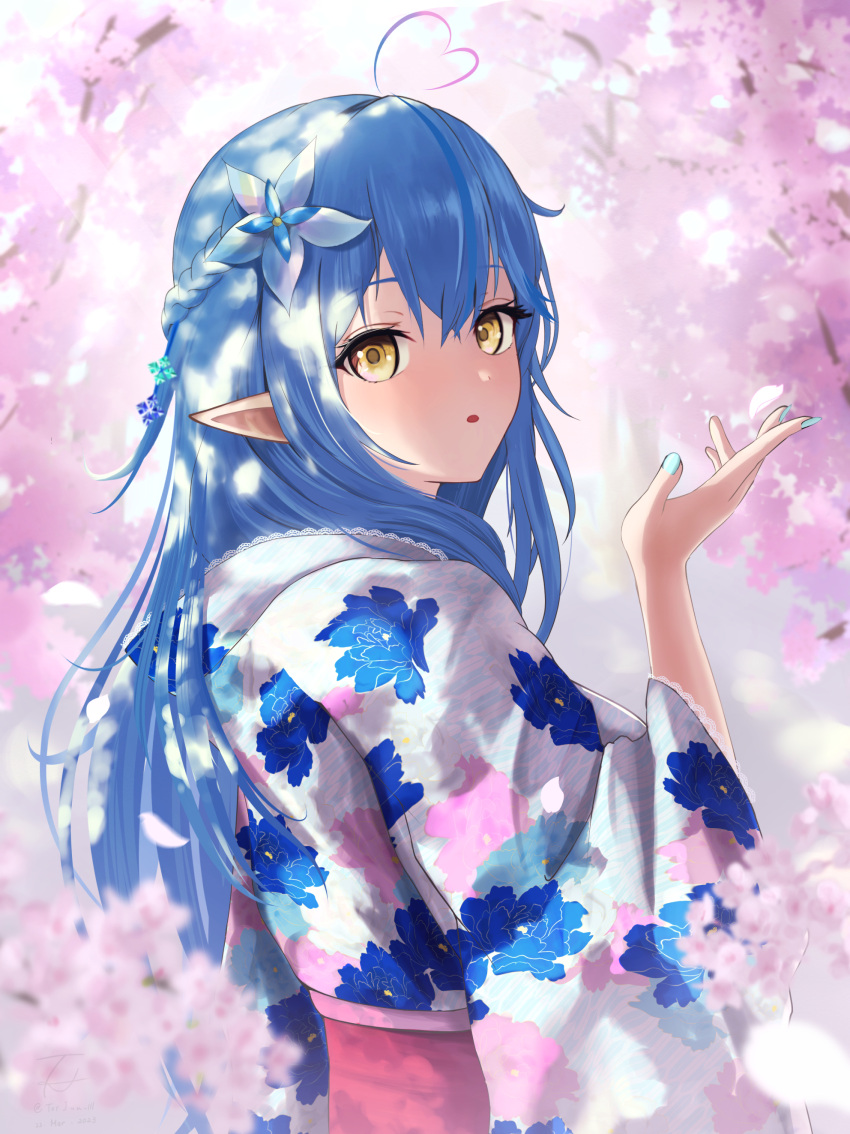 1girl absurdres ahoge blue_hair blue_nails blush cherry_blossoms day falling_petals floral_print flower hair_flower hair_ornament heart heart_ahoge highres hololive japanese_clothes kimono light_rays long_hair long_sleeves looking_at_viewer multicolored_hair open_mouth outdoors petals pointy_ears solid_eyes streaked_hair sunbeam sunlight torjun_111 virtual_youtuber wide_sleeves yukihana_lamy