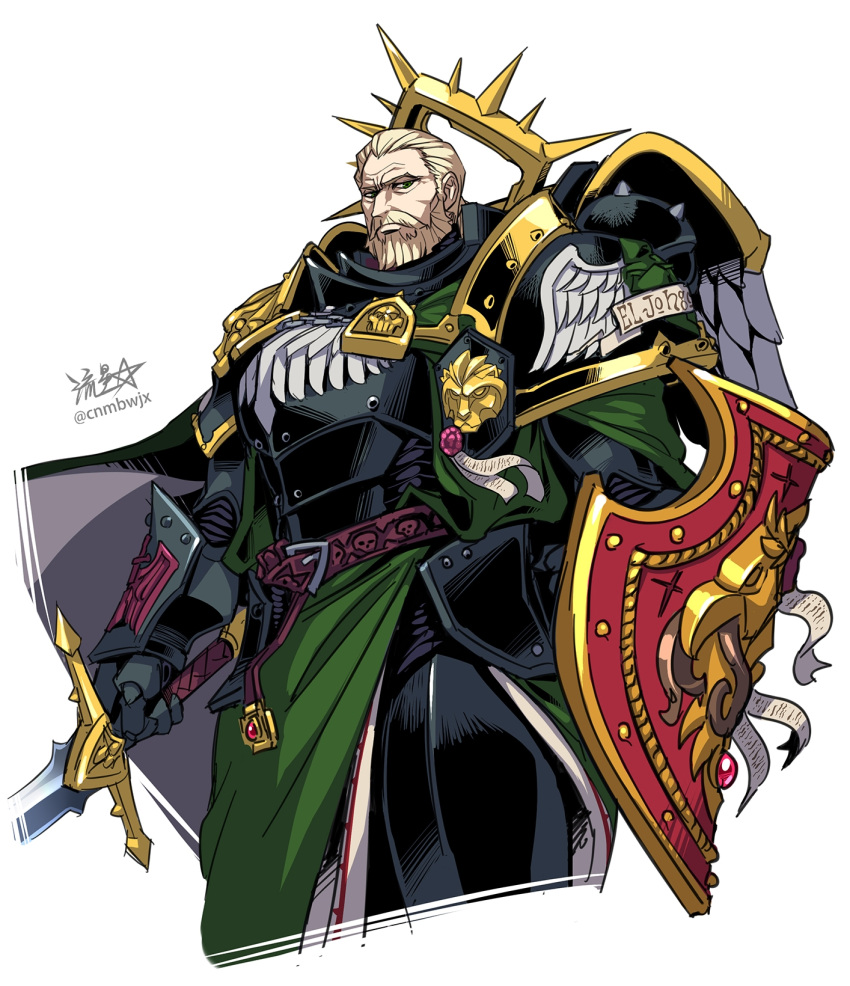 1boy adeptus_astartes armor beard black_armor blonde_hair breastplate closed_mouth emperor's_shield facial_hair fealty_(weapon) gauntlets gold_trim green_eyes halo highres holding holding_sword holding_weapon lion_el'jonson looking_at_viewer looking_down pauldrons power_armor primarch ryuusei_(mark_ii) shield short_hair shoulder_armor signature solo sword warhammer_40k weapon