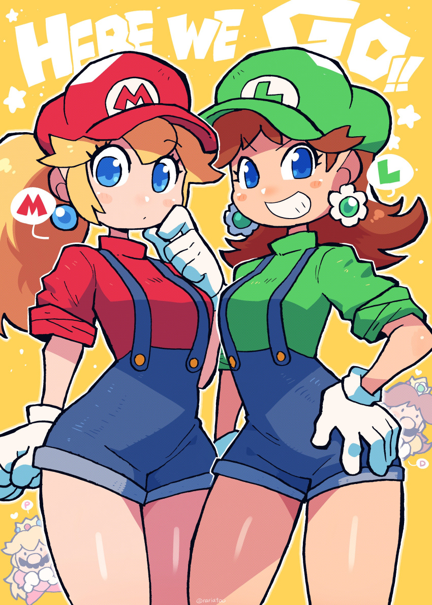 2girls absurdres blonde_hair blue_eyes blue_overalls brown_hair cosplay costume_switch crown earrings english_text facial_hair gloves green_headwear green_shirt hat highres jewelry looking_at_viewer luigi luigi_(cosplay) mario mario_(cosplay) medium_hair multiple_girls mustache overall_shorts overalls ponytail princess_daisy princess_daisy_(cosplay) princess_peach princess_peach_(cosplay) rariatto_(ganguri) red_headwear red_shirt shirt short_sleeves speech_bubble super_mario_bros. teeth white_gloves yellow_background