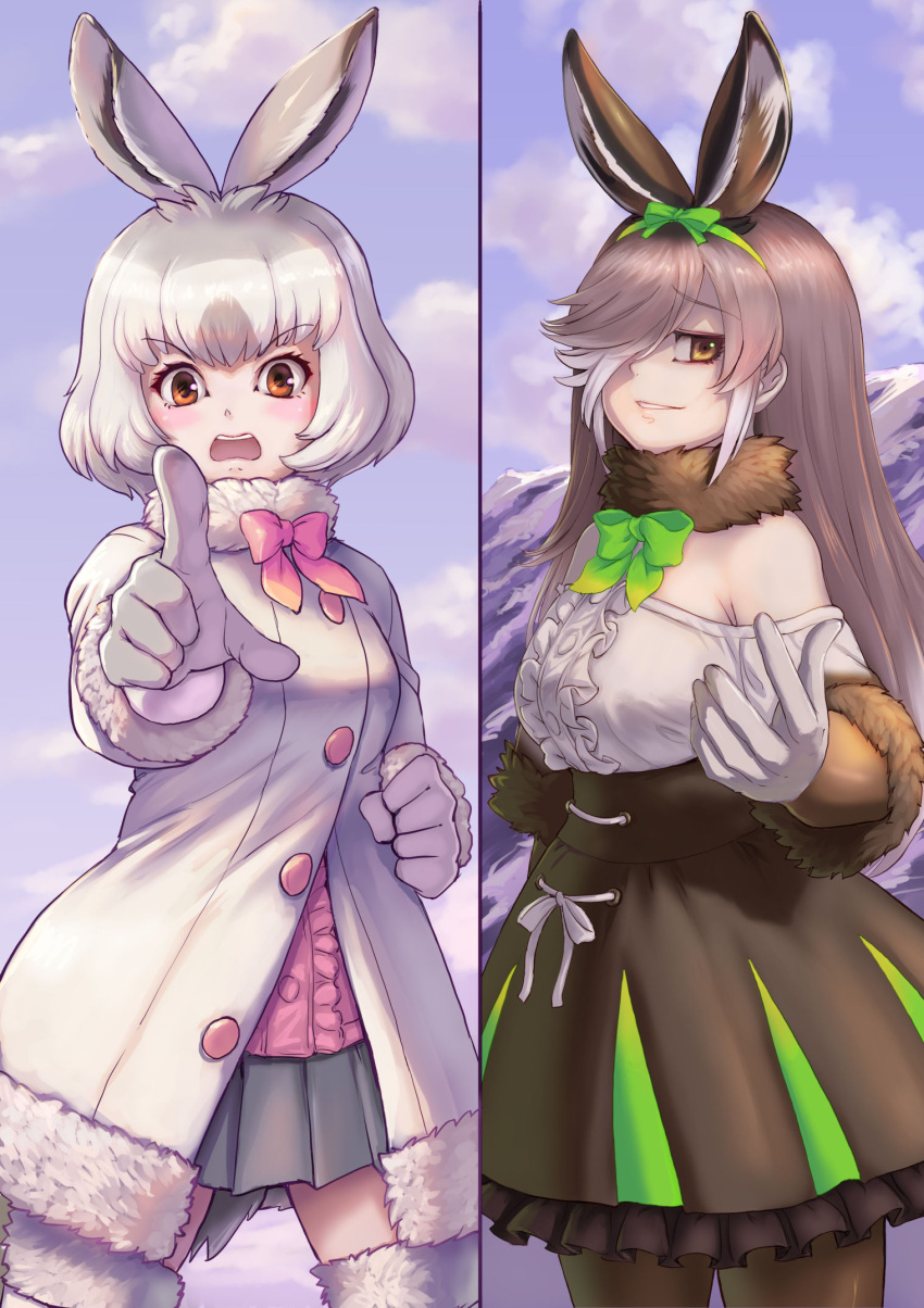 2girls animal_ears bare_shoulders bow bowtie brown_eyes brown_fur brown_gloves brown_hair brown_pantyhose brown_skirt center_frills coat cowboy_shot elbow_gloves european_hare_(kemono_friends) extra_ears frills fur_collar fur_trim gloves green_bow green_bowtie grey_skirt hair_over_one_eye high-waist_skirt highres kemono_friends kosai_takayuki long_hair mountain_hare_(kemono_friends) multicolored_hair multiple_girls orange_eyes pantyhose pink_shirt pleated_skirt pointing rabbit_ears rabbit_girl rabbit_tail red_bow red_bowtie shirt short_hair skirt sleeveless tail white_coat white_fur white_gloves white_hair white_shirt winter_clothes winter_coat zettai_ryouiki