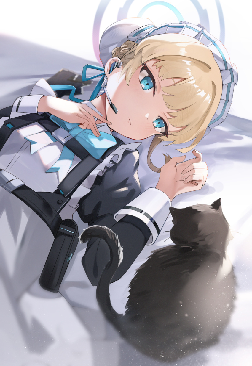 1girl apron bed_sheet black_cat blonde_hair blue_archive blue_eyes bun_cover cat chest_harness closed_mouth commentary_request earpiece expressionless halo harness highres long_sleeves lying maid maid_headdress nohohon_neko on_back paid_reward_available short_hair solo toki_(blue_archive) upper_body white_apron