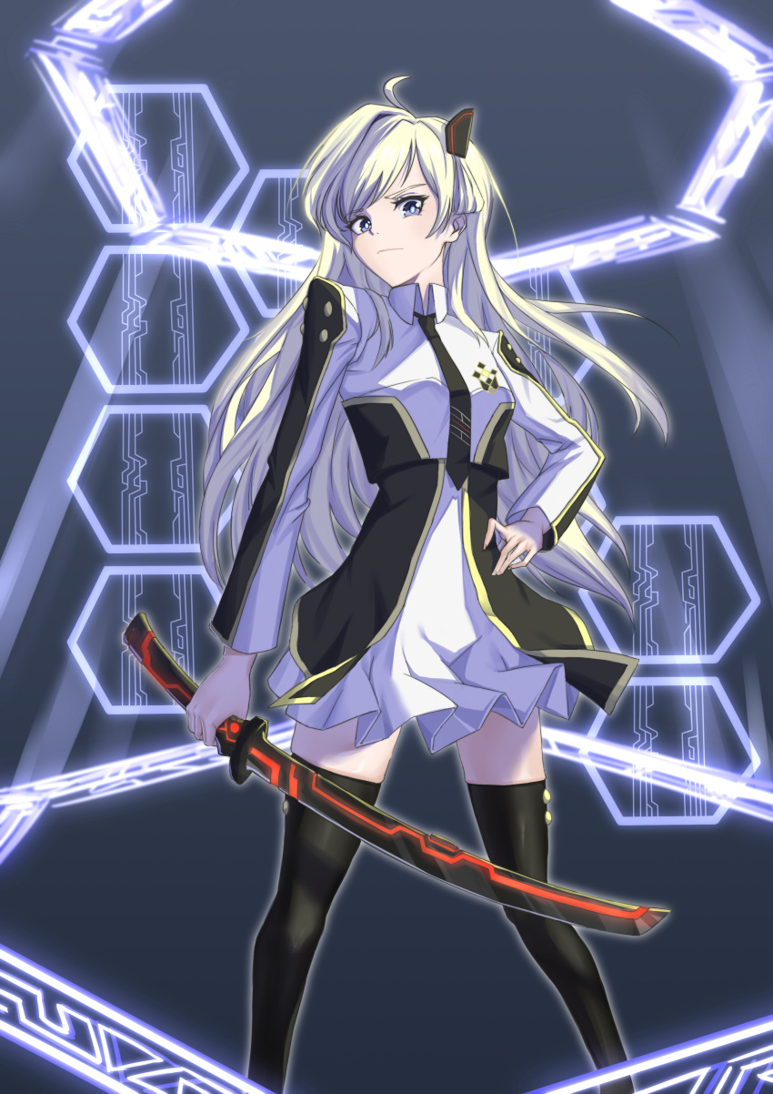 1girl absurdres black_necktie blonde_hair blue_eyes collared_dress dress duel_monster highres holding holding_sword holding_weapon long_hair long_sleeves necktie sky_striker_ace_-_raye solo sword thigh-highs two-tone_dress weapon youzi_(small_shabao) yu-gi-oh!