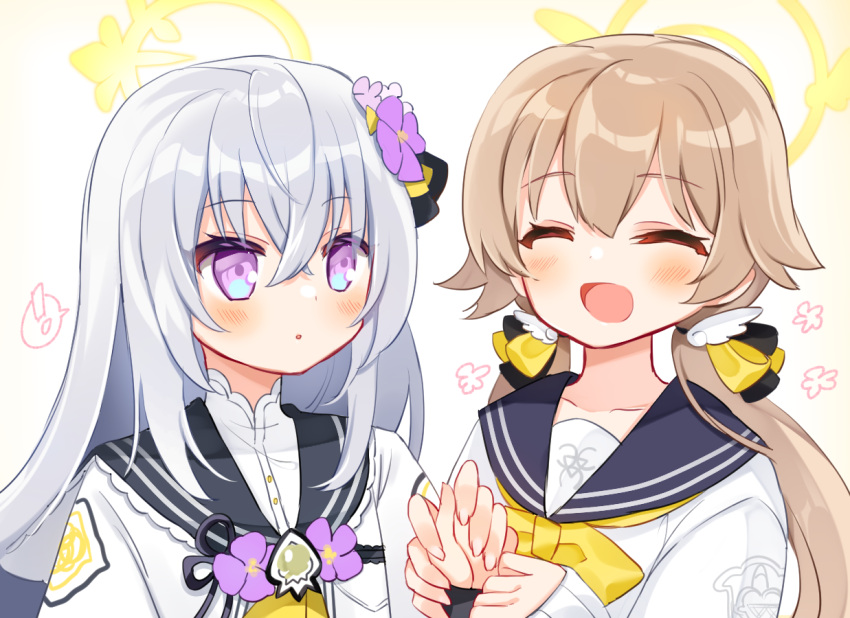 2girls :d ^_^ azusa_(blue_archive) black_sailor_collar blue_archive blush brown_background brown_hair closed_eyes floral_background flower grey_hair hair_between_eyes hair_flower hair_ornament halo hifumi_(blue_archive) holding_another's_wrist jacket long_hair low_twintails multiple_girls purple_flower sailor_collar shikito shirt smile twintails upper_body violet_eyes white_jacket white_shirt