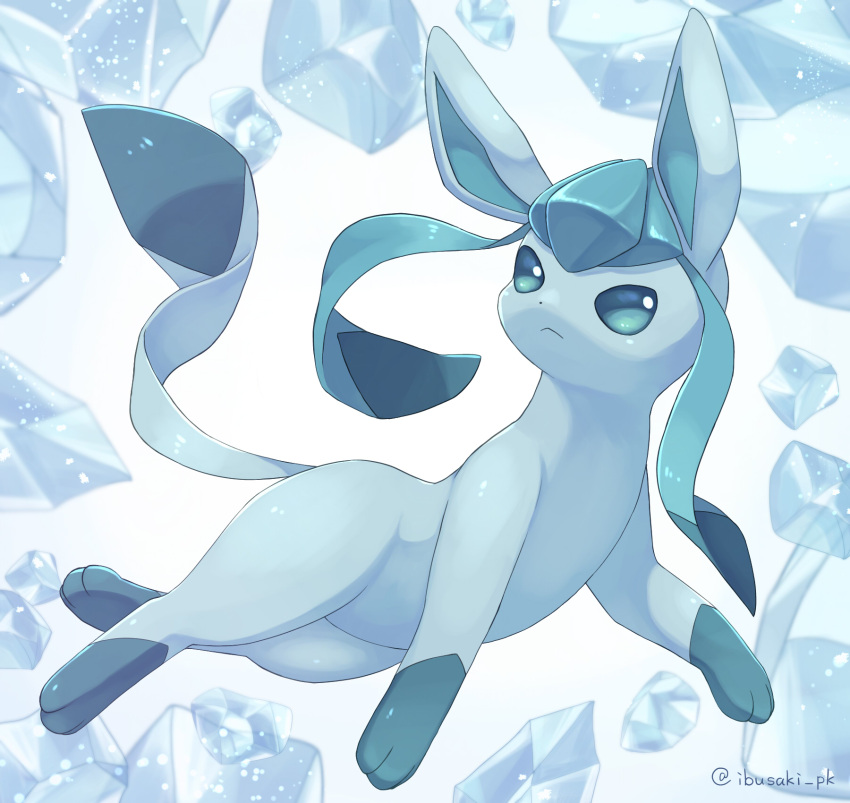 :&lt; artist_name blue_eyes closed_mouth commentary full_body glaceon highres ibusaki_(ivu) ice ice_shard looking_ahead no_humans pokemon pokemon_(creature) solo twitter_username white_background