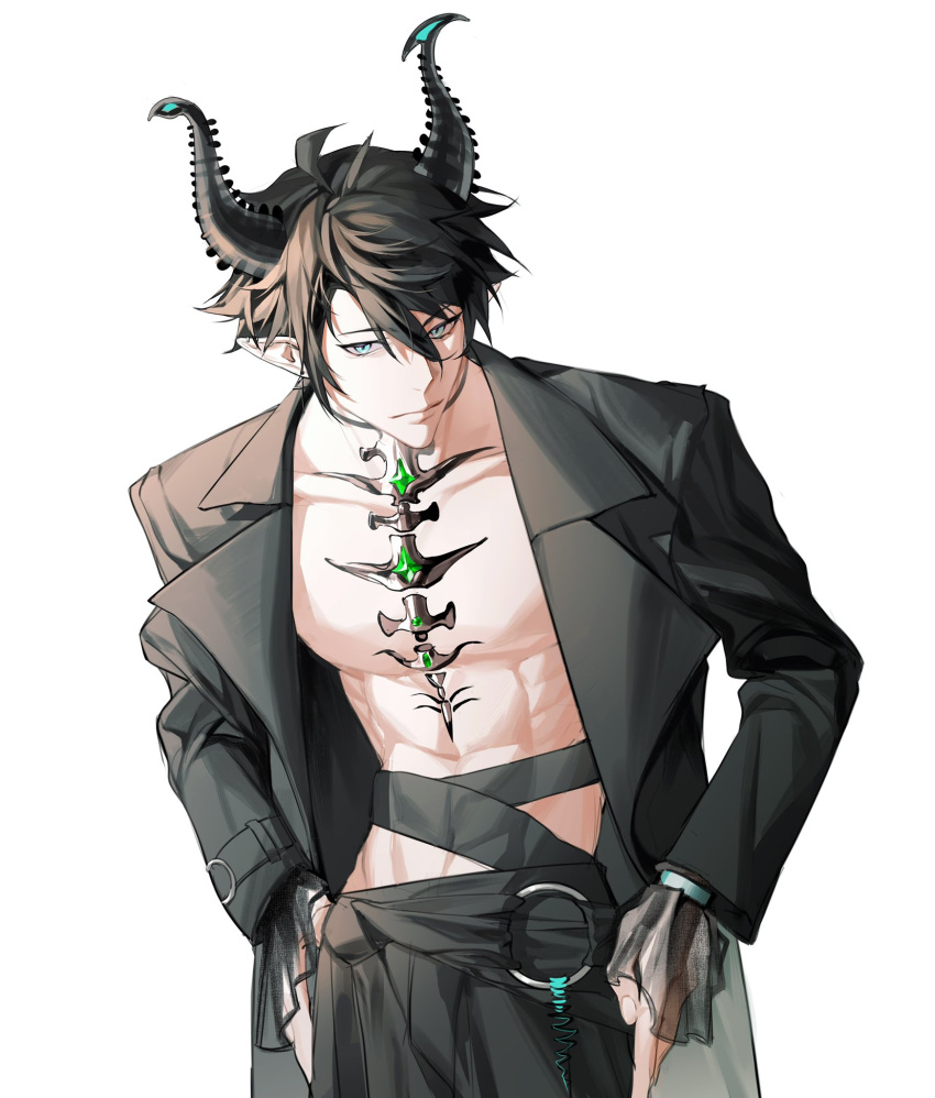 1boy abs belt black_belt black_hair black_jacket blue_eyes closed_mouth frilled_sleeves frills gem green_gemstone hair_between_eyes hands_on_hips highres horns jacket looking_at_viewer male_focus nijisanji nijisanji_en open_clothes open_jacket pectorals pointy_ears ren_zotto see-through see-through_sleeves short_hair simple_background solo standing sun_paradox topless_male virtual_youtuber white_background