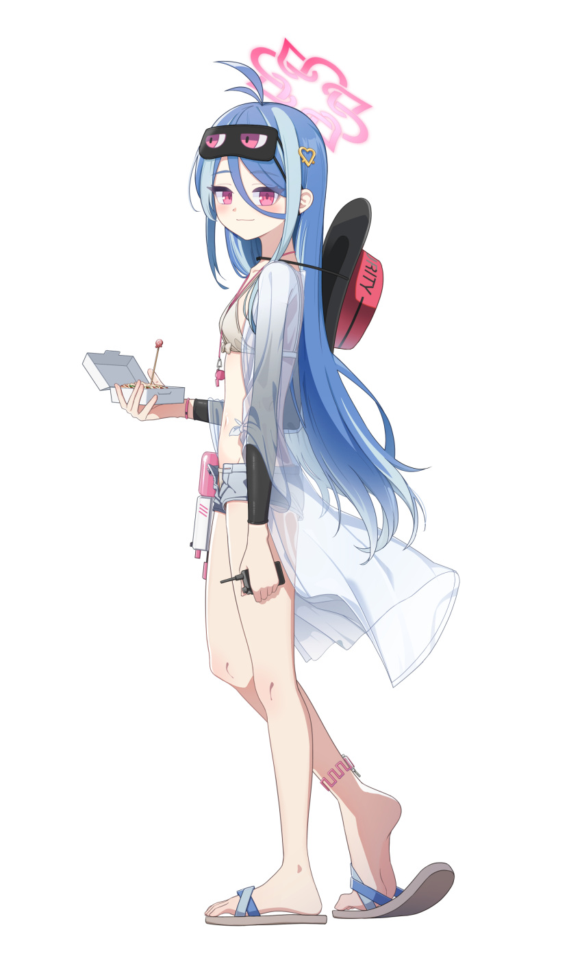 1girl absurdres alternate_costume anklet antenna_hair bare_legs bikini bikini_top_only blue_archive blue_hair breasts denim denim_shorts doughnut flip-flops food fubuki_(blue_archive) grey_hair hair_ornament halo hat heart heart_hair_ornament highres jacket jewelry long_hair long_sleeves looking_at_viewer midriff mnnnya multicolored_hair open_clothes open_shorts pastry_box red_eyes sandals see-through short_shorts shorts sleep_mask small_breasts solo streaked_hair swimsuit walkie-talkie whistle whistle_around_neck white_background