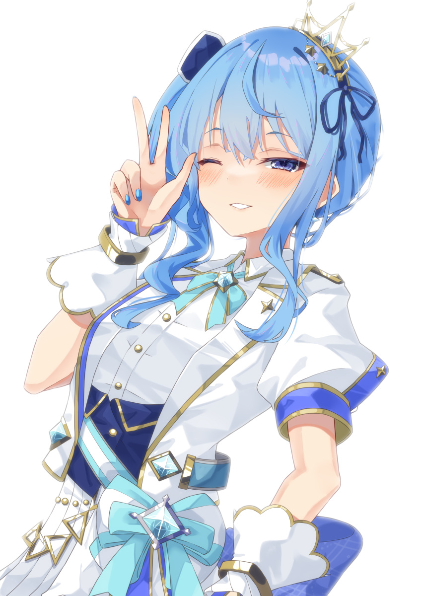 1girl absurdres blue_eyes blue_hair blue_nails blush collar collared_shirt grin hair_ornament hair_ribbon highres hololive hololive_idol_uniform hololive_idol_uniform_(bright) hoshimachi_suisei idol_clothes kisara_mikami long_hair looking_at_viewer nail_polish one_eye_closed puffy_short_sleeves puffy_sleeves ribbon shirt short_sleeves sidelocks smile v virtual_youtuber white_background wrist_cuffs