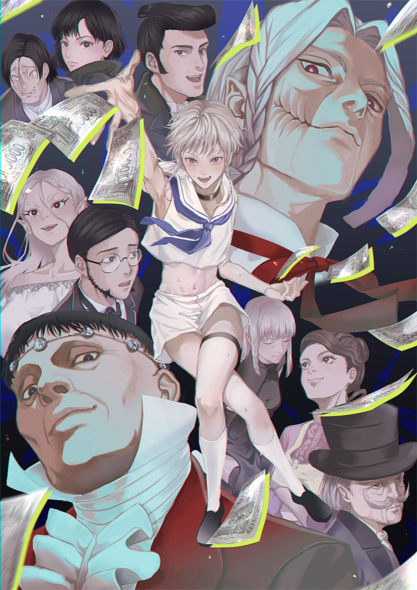 4girls 6+boys androgynous appy_ztd bare_shoulders beard black_choker black_hair black_shorts braid brown_hair choker dollar_bill facial_hair grey_hair highres hyperinflation long_hair long_sleeves looking_at_viewer mature_male medium_hair money multiple_boys multiple_girls open_mouth otoko_no_ko pink_eyes pointy_ears red_eyes short_hair_with_long_locks shorts sideburns stubble twin_braids white_hair