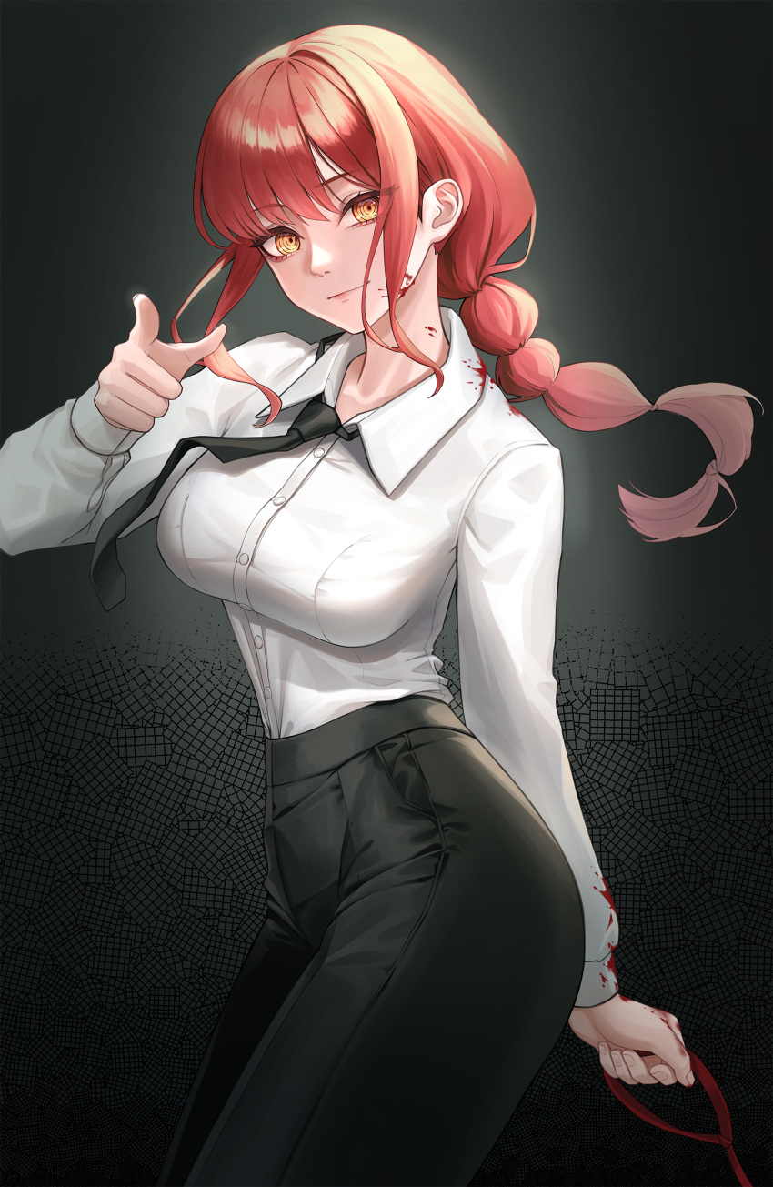 1girl absurdres black_necktie black_pants blood blood_on_clothes braid chainsaw_man collared_shirt commentary hear_(kpmf4732) highres long_hair long_sleeves looking_at_viewer makima_(chainsaw_man) necktie pants pointing pointing_at_viewer redhead ringed_eyes shirt single_braid slacks standing white_shirt yellow_eyes