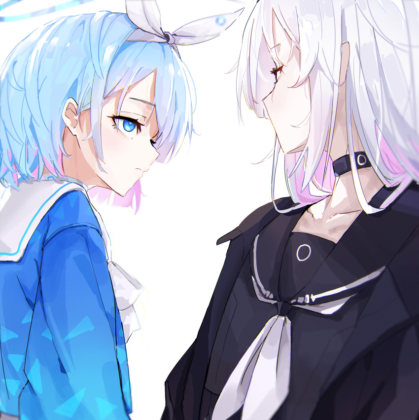 2girls a.r.o.n.a_(blue_archive) absurdres aqua_hair arona_(blue_archive) black_choker black_coat black_eyes black_serafuku blue_archive blue_eyes choker coat collarbone colored_inner_hair commentary english_commentary hairband halo highres long_hair long_sleeves looking_at_another multicolored_hair multiple_girls open_clothes open_coat school_uniform serafuku short_hair sidelocks simple_background sstthei staring white_background white_choker white_hair