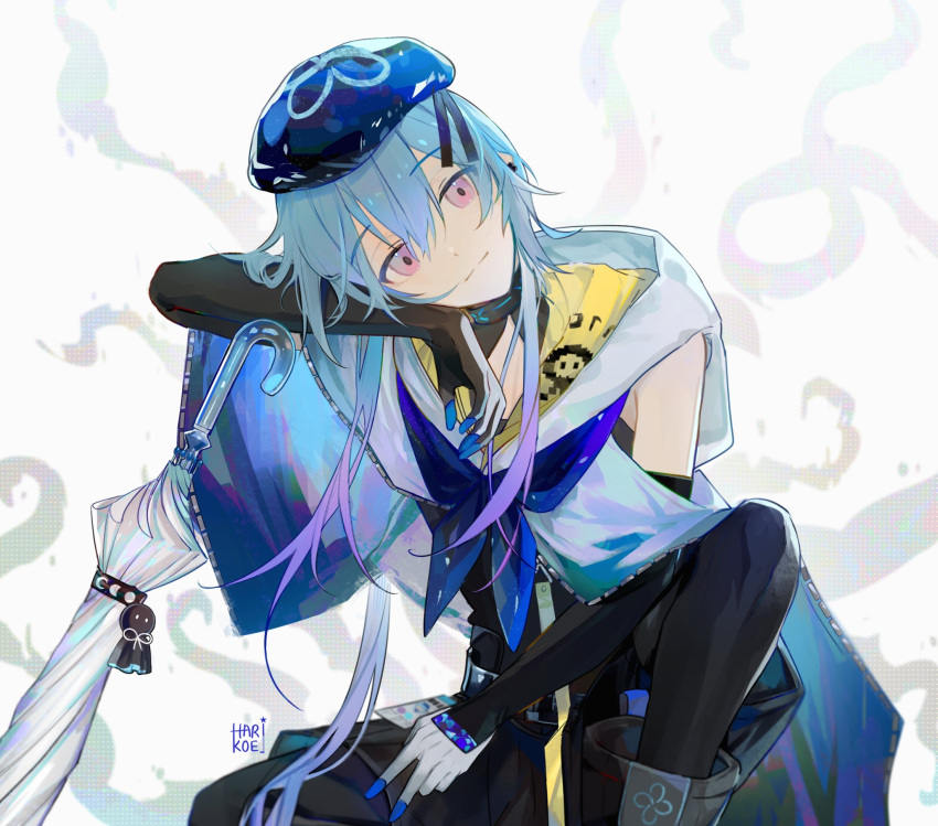 1boy arknights arm_up artist_name beret black_gloves blue_cloak blue_headwear cloak cowboy_shot elbow_gloves expressionless gloves harikoe hat head_rest high_tops highres infection_monitor_(arknights) jellyfish jellyfish_hair_ornament knee_up leaning_on_object mizuki_(arknights) multicolored_clothes multicolored_gloves shoes short_hair_with_long_locks sitting sneakers solo straight-on tilted_headwear transparent transparent_umbrella umbrella violet_eyes white_background white_cloak white_gloves