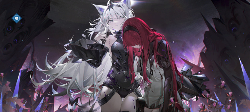 2girls animal_ears arm_support artist_request carrying flower glaring headband heterochromia highres long_hair long_sleeves looking_at_viewer mechanical_parts multiple_girls official_art plant punishing:_gray_raven redhead unconscious white_hair wolf_ears
