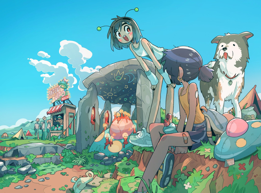 2girls animal blue_sky candle carles_dalmau clouds day dog grass highres mountain multiple_girls open_mouth outdoors shirt short_hair sitting sky smile ufo