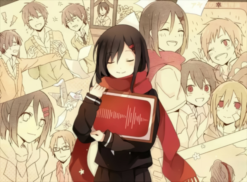 5boys 5girls :d ^_^ anger_vein annoyed audio_spectrum ayano_no_koufuku_riron_(vocaloid) azami_(kagerou_project) bad_id bad_pixiv_id bandage_on_face bandages black_hair black_necktie black_serafuku black_skirt blunt_ends bright_pupils brown_hair brown_theme cardigan circle closed_eyes closed_mouth coat collage_background collared_shirt commentary cranio dutch_angle empty_eyes enomoto_takane enpera facial_hair facing_viewer flower flower_(symbol) fringe_trim from_behind from_side glasses green_cardigan hair_between_eyes hair_ornament hair_ribbon hairclip holding hood hood_down hoodie husband_and_wife iei kagerou_project kano_shuuya kido_tsubomi kisaragi_shintarou kokonose_haruka labcoat light_brown_hair lightning_bolt_symbol long_hair long_sleeves looking_at_another looking_at_viewer looking_to_the_side loose_necktie mekakucity_actors monitor multiple_boys multiple_girls multiple_persona muted_color neckerchief necktie one_eye_closed open_clothes open_coat open_collar open_mouth papers photo_(object) pinstripe_pattern pinstripe_shirt pleated_skirt ponytail portrait_(object) print_hoodie rectangular_eyewear red_eyes red_ribbon red_scarf red_shirt ribbon scarf school_uniform semi-rimless_eyewear serafuku seto_kousuke shirt short_hair short_sleeves single_stripe skirt sleeve_cuffs smile solo_focus song_name spot_color striped striped_shirt stubble tateyama_ayaka tateyama_ayano tateyama_kenjirou teeth test_score_(paper) twintails under-rim_eyewear upper_body v vertical-striped_shirt vertical_stripes wavy_mouth white_coat white_neckerchief white_shirt white_stripes yellow_cardigan