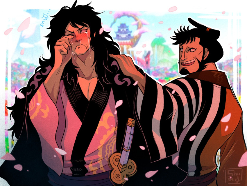 2boys black_hair blush closed_mouth crying facial_hair goatee japanese_clothes katana kinemon long_hair male_focus momonosuke_(one_piece) multiple_boys one_eye_closed one_piece open_mouth short_hair shuravf smile sword weapon