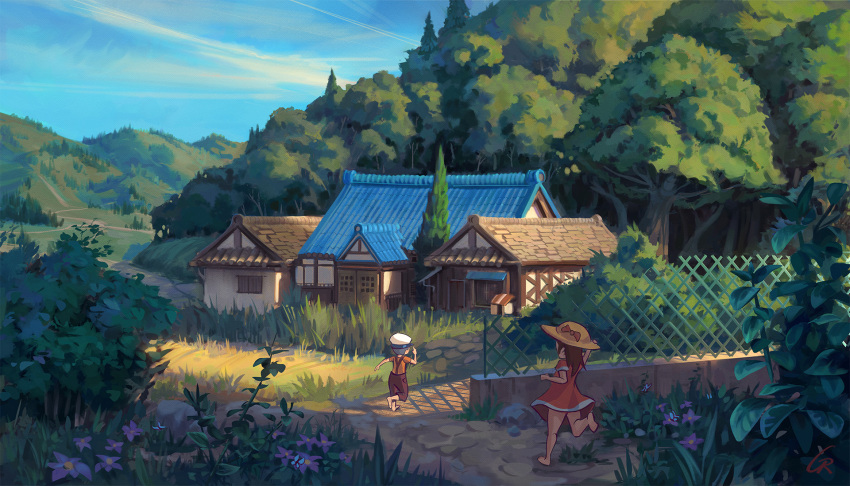 1boy 1girl architecture barefoot blue_sky brown_hair bug building butterfly dress east_asian_architecture flower grass hat highres landscape long_hair original outdoors pants plant purple_flower purple_pants red_dress robertogatto running signature sky studio_ghibli_(style) tree watermark