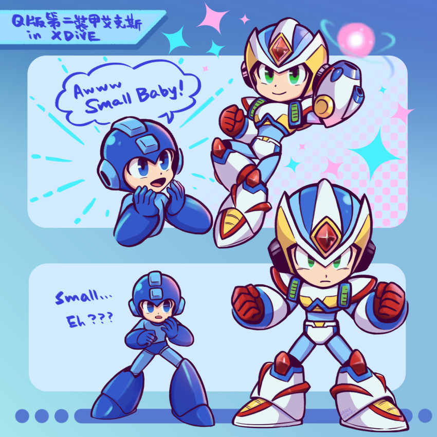 2boys blue_eyes blush closed_mouth green_eyes highres humanoid_robot laser-lance mega_man_(character) mega_man_(classic) mega_man_(series) mega_man_x_(character) mega_man_x_(series) mega_man_x_dive multiple_boys open_mouth robot smile speech_bubble translation_request