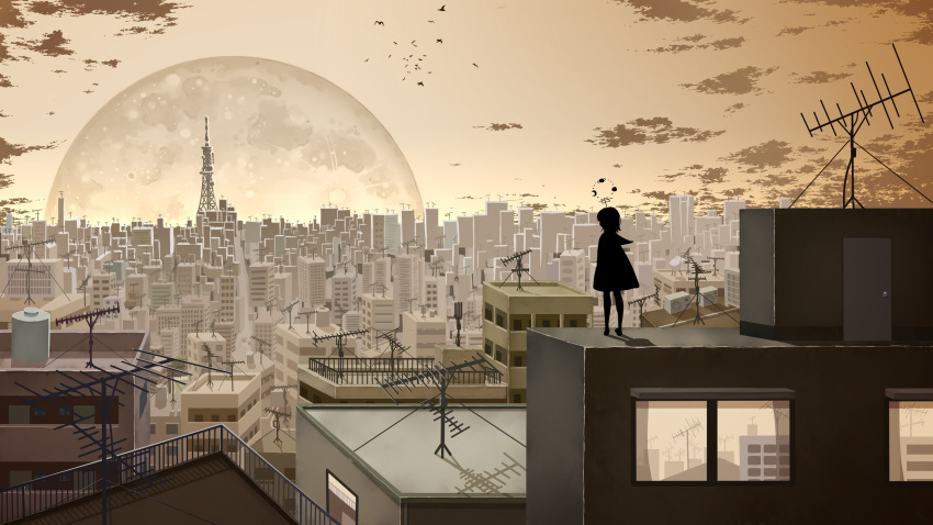 1girl absurdres brown_sky building cityscape clouds cloudy_sky crescent door endlesscat floating_headgear flock food fruit full_moon headgear highres medium_hair moon nijimine_kakoi outdoors planet radio_antenna radio_tower reflection rooftop scenery shadow silhouette sky solo standing too_many utau wide_shot window