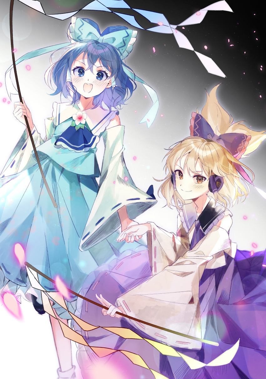 2girls :d absurdres ascot bare_shoulders blonde_hair blue_eyes blue_hair bow brown_eyes cosplay detached_sleeves flower gohei gradient_background hair_bow hakurei_reimu hakurei_reimu_(cosplay) highres holding holding_stick j_(ppxx3543) kaku_seiga multiple_girls open_mouth petals pointy_hair simple_background skirt smile stick touhou toyosatomimi_no_miko wide_sleeves