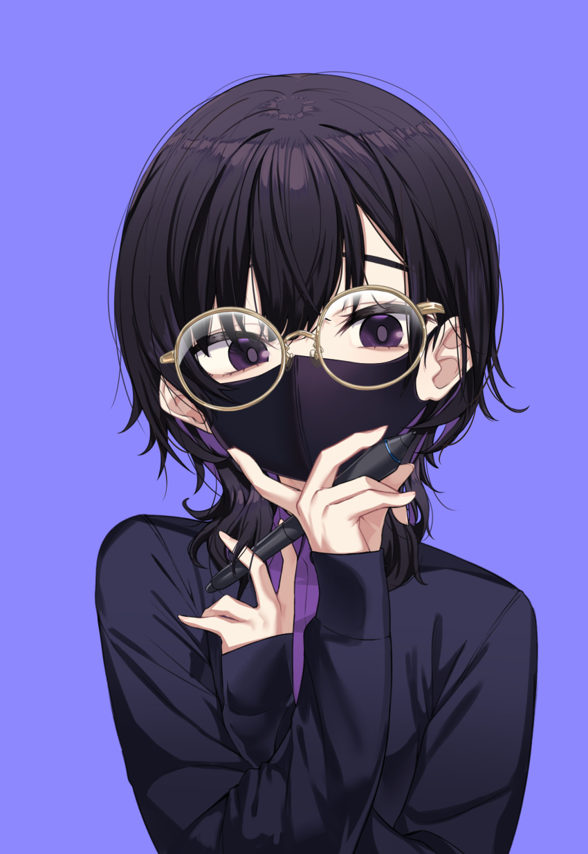 1girl absurdres black_hair black_jacket blue_background brown-framed_eyewear collared_shirt dress_shirt glasses hair_between_eyes hands_up highres holding holding_stylus ivan_wang jacket long_sleeves looking_at_viewer mask mouth_mask open_clothes open_jacket original purple_shirt round_eyewear shirt simple_background sleeves_past_wrists solo stylus violet_eyes