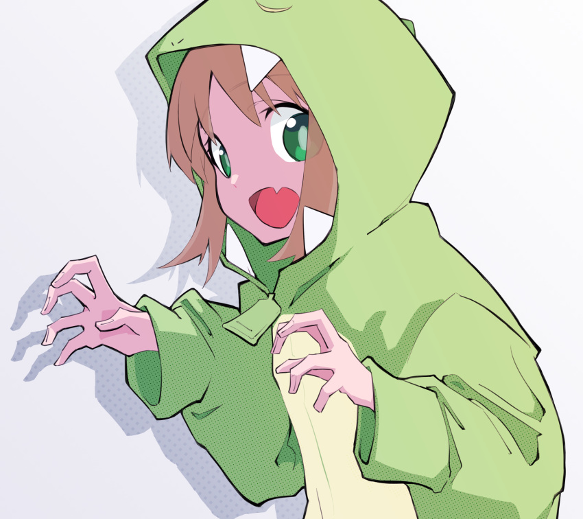 1girl :d brown_hair claw_pose commentary dinosaur_costume eyes_visible_through_hair fang green_eyes grey_background highres hood hood_up long_sleeves looking_at_viewer oka_asahi onesie onii-chan_wa_oshimai! open_mouth simple_background skin_fang smile solo swiz667 upper_body zipper_pull_tab