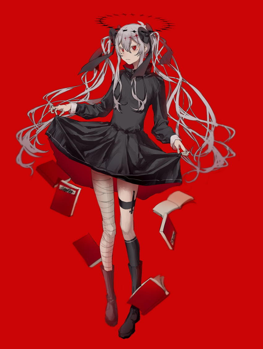 1girl asymmetrical_legwear bandaged_fingers bandaged_leg bandages black_dress black_socks book boots bright_pupils chinese_commentary closed_mouth commentary_request dress floating_headgear furrowed_brow gekiyaku grey_hair hair_ornament halo headgear high_collar highres huaji_niang kneehighs light_frown long_hair looking_to_the_side mixed-language_commentary official_alternate_costume official_alternate_hairstyle open_book red_background red_eyes short_dress simple_background single_kneehigh single_sock skirt_hold slit_pupils socks solo star_(symbol) star_hair_ornament thigh_strap twintails utau white_pupils zipper_pull_tab