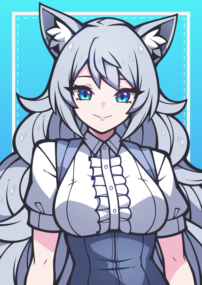 1girl absurdres animal_ears bacon_strips blue_eyes blush borrowed_character breasts closed_mouth commission fox_ears fox_girl grey_hair highres long_hair looking_at_viewer medium_breasts original short_sleeves smile solo upper_body