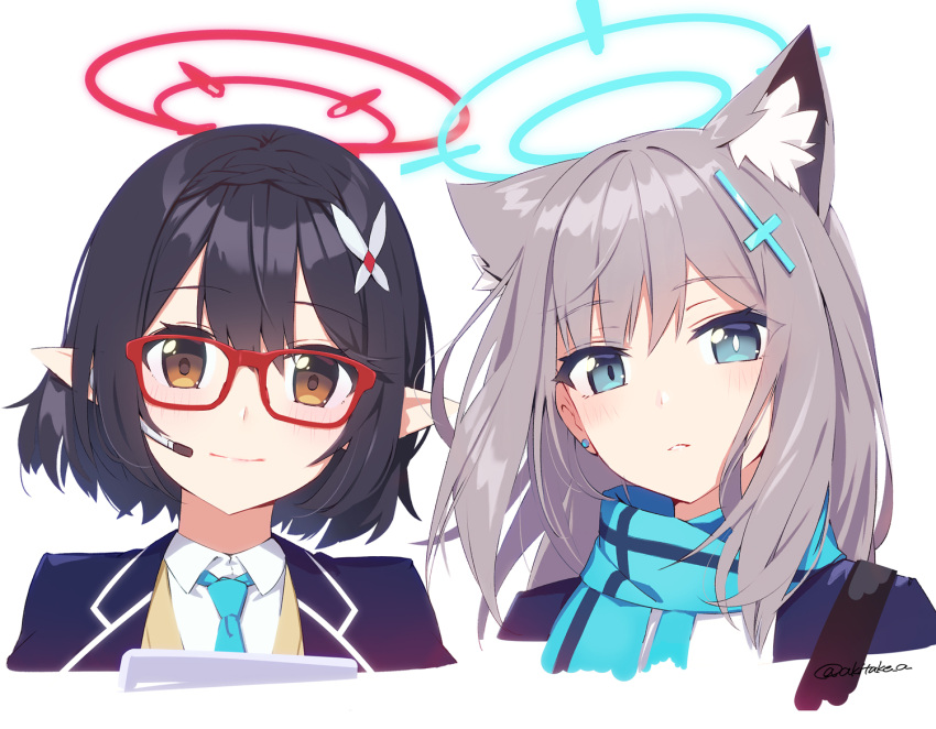 2girls animal_ear_fluff animal_ears ayane_(blue_archive) azumi_akitake black_hair blue_archive blue_eyes blue_necktie blue_scarf blush bright_pupils brown_eyes cross_hair_ornament glasses grey_hair hair_ornament halo headset looking_at_viewer multiple_girls necktie pointy_ears red-framed_eyewear scarf shiroko_(blue_archive) short_hair upper_body white_pupils