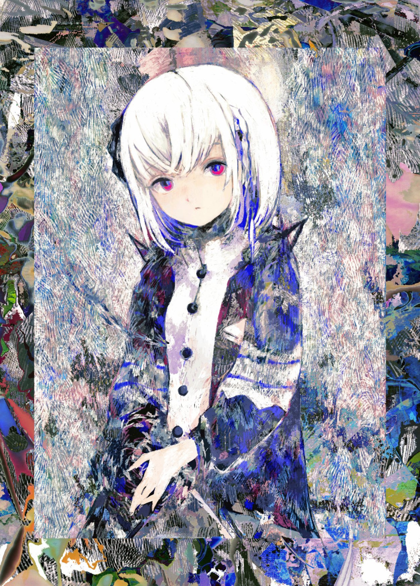 1girl abstract_background anabone aqua_pupils black_jacket blue_eyes blue_hair bob_cut border braid buttons cevio closed_mouth colored_inner_hair cropped_torso crossed_bangs english_commentary expressionless hair_ornament high_collar highres hood hood_down hooded_jacket jacket kamitsubaki_studio looking_at_viewer multicolored_eyes multicolored_hair open_clothes open_jacket painterly pink_eyes popped_collar rime_(cevio) shirt short_hair side_braid sleeves_past_elbows solo white_hair white_shirt