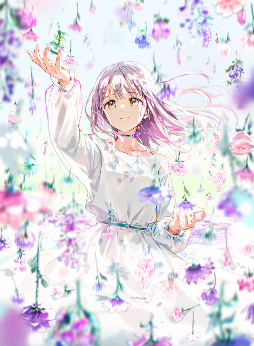 1girl arm_up brown_eyes choker closed_mouth collarbone dress falling_flower flower highres looking_up medium_hair original pink_flower purple_flower purple_hair solo tiv white_dress