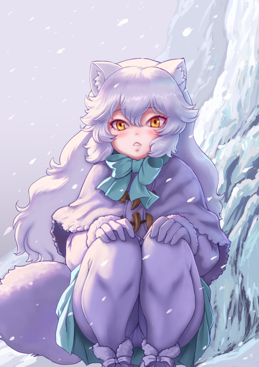1girl animal_ears arctic_fox_(kemono_friends) blue_bow blue_bowtie blue_skirt bow bowtie capelet coat fox_ears fox_girl fox_tail fur_trim gloves hands_on_own_knees highres kemono_friends kosai_takayuki long_hair long_sleeves looking_at_viewer orange_eyes pantyhose pleated_skirt pov skirt snow snowing solo squatting tail white_capelet white_coat white_fur white_gloves white_hair white_pantyhose winter_clothes winter_coat