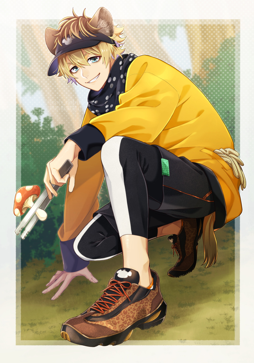 1boy animal_ears black_pants black_shorts blonde_hair blue_eyes brown_footwear brown_hair con_potata hat highres hyena_ears hyena_tail long_sleeves male_focus mushroom pants ruggie_bucchi shirt shoes shorts smile spiky_hair teeth twisted_wonderland yellow_shirt