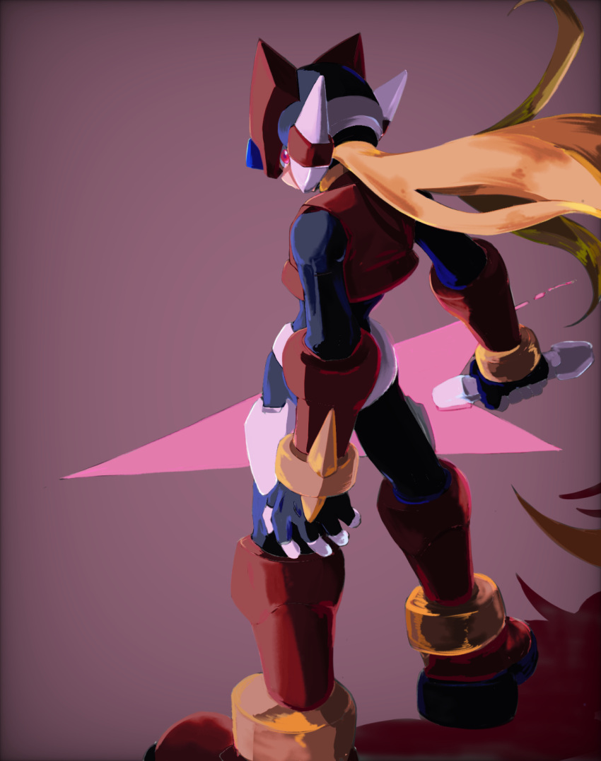 1boy android blonde_hair from_behind highres holding holding_sword holding_weapon long_hair looking_at_viewer looking_back male_focus mega_man_(series) mega_man_zero mega_man_zero_3 omega_(mega_man) omochi_(mochi_skymega) red_eyes simple_background sword weapon z_saber