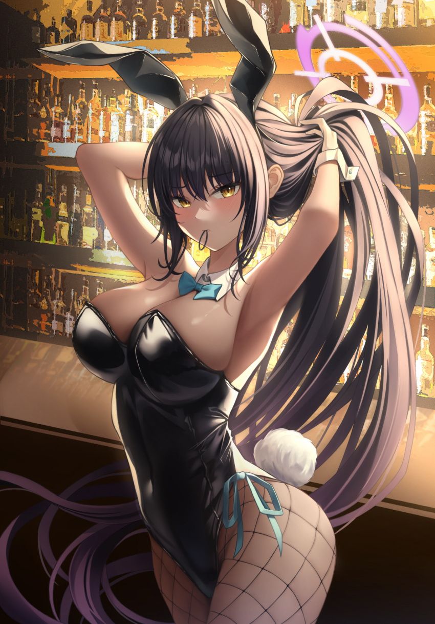 animal_ears armpits bar_(place) black_hair black_leotard blue_archive blue_bow blue_bowtie blush bow bowtie dark-skinned_female dark_skin detached_collar fake_animal_ears fishnet_pantyhose fishnets halo highres indoors karin_(blue_archive) karin_(bunny)_(blue_archive) leotard long_hair looking_at_viewer mechanical_halo official_alternate_costume pantyhose playboy_bunny porihu rabbit_ears rabbit_tail solid_eyes standing strapless strapless_leotard tail traditional_bowtie