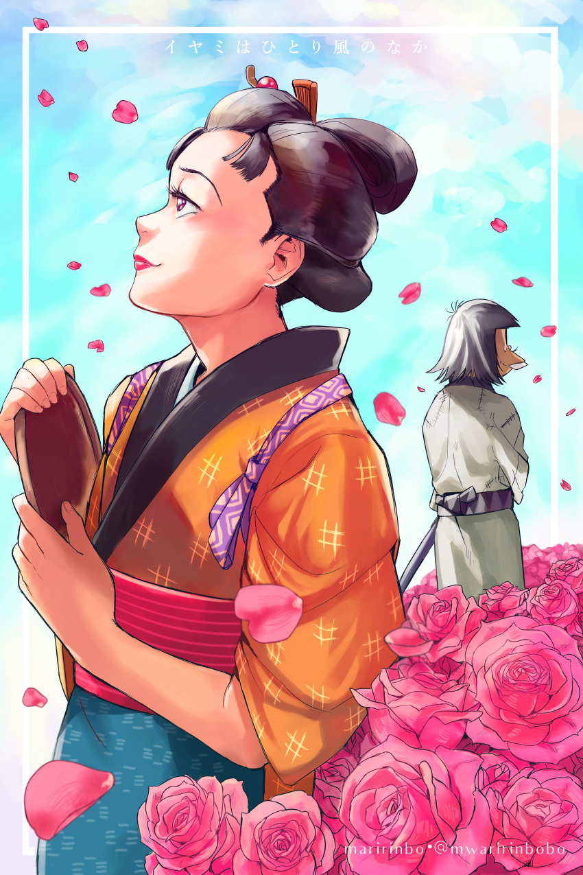 absurdres black_hair blue_sky buck_teeth flower highres holding holding_mirror iyami japanese_clothes kimono looking_afar maririnbo mirror obi okiku_(osomatsu-kun) orange_kimono osomatsu-kun petals pink_flower pink_rose red_lips red_sash rose rose_petals sash sky teeth