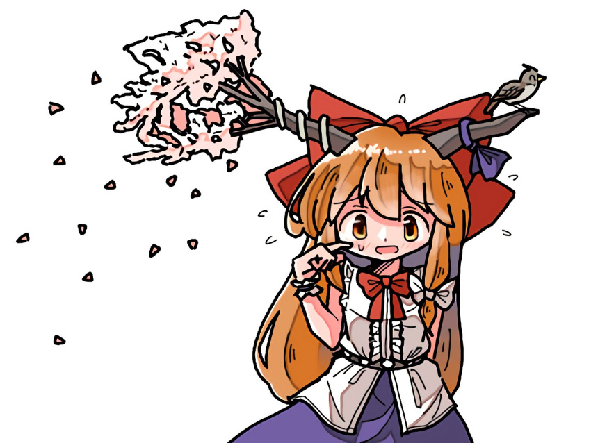 1girl bird bow bowtie cherry_blossoms copyright_request horns ibuki_suika kasuya_baian looking_at_viewer oni_horns orange_eyes orange_hair pointing pointing_at_self white_background white_bow