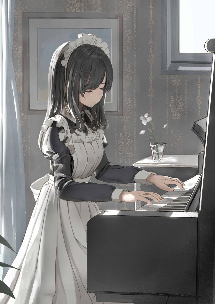 1girl absurdres apron black_dress black_hair closed_eyes closed_mouth collared_dress commentary_request curtains day dress flower frilled_apron frills highres indoors instrument juliet_sleeves light_smile long_hair long_sleeves maid maid_apron maid_headdress music original piano playing_instrument puffy_sleeves shii_(kairi-t-k0317) solo sunlight white_apron white_flower window