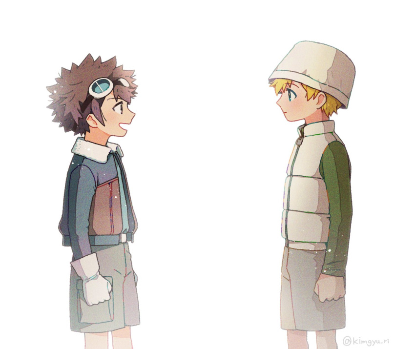 2boys artist_name belt blonde_hair brown_hair clenched_hands digimon digimon_adventure_02 gloves goggles goggles_on_head hat highres jacket kim_gyuri long_sleeves looking_at_another male_focus motomiya_daisuke multiple_boys open_mouth shorts takaishi_takeru white_background