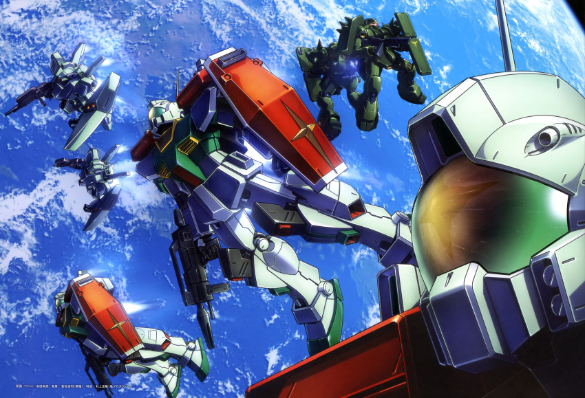 absurdres assault_visor axis_(gundam) beam_rifle char's_counterattack earth_(planet) energy_gun geara_doga glowing glowing_eye gm_iii gundam highres holding holding_shield holding_weapon honda_kazuhiko in_orbit insignia jegan mecha mobile_suit murakami_yoshitaka neo_zeon no_humans one-eyed planet radio_antenna red_eyes reflection robot science_fiction shield space wakamatsu_eiji weapon