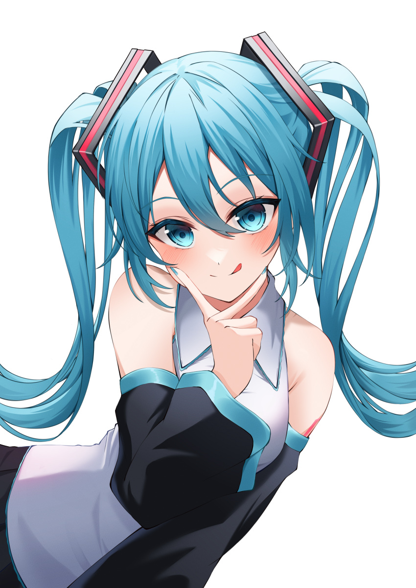 1girl :p absurdres bare_shoulders black_skirt blue_eyes blue_hair blue_nails blush collar collared_shirt commentary detached_sleeves grey_shirt hair_ornament hatsune_miku highres long_hair long_sleeves looking_at_viewer pleated_skirt ryaru_ryaru shirt simple_background skirt tongue tongue_out twintails vocaloid white_background