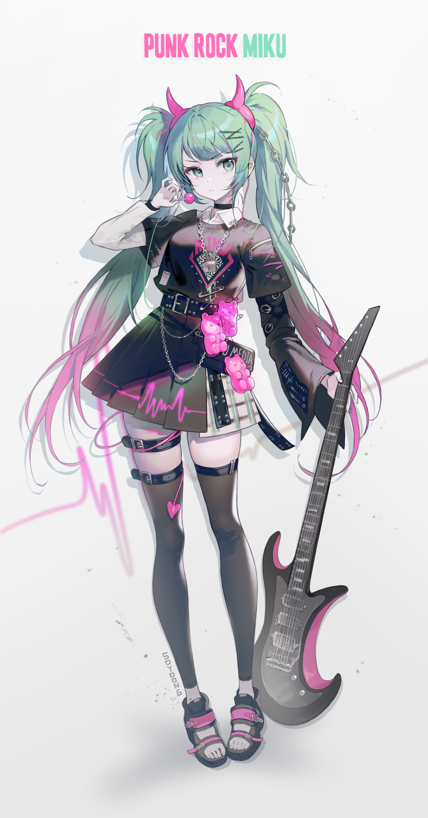 1girl absurdres alternate_costume aqua_eyes aqua_hair asymmetrical_sleeves belt breasts choker closed_mouth collared_shirt contrapposto electric_guitar fake_horns full_body guitar hair_ornament hairclip hatsune_miku highres horns instrument jewelry long_hair long_sleeves looking_at_viewer medium_breasts necklace punk sandals shirt simple_background solo soyoong_jun thigh-highs thigh_strap twintails very_long_hair vocaloid zettai_ryouiki