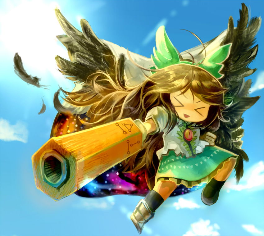 &gt;_&lt; 1girl :d arm_cannon ayuki_(47881314) bird_wings black_socks black_wings blue_sky bow brown_hair cape clenched_hand closed_eyes clouds collared_shirt commentary_request control_rod cookie_(touhou) feathered_wings feathers flying frilled_skirt frills full_body green_bow green_skirt hair_bow kneehighs long_hair nadeko_(cookie) open_mouth print_cape puffy_short_sleeves puffy_sleeves reiuji_utsuho shirt short_sleeves skirt sky smile socks solo starry_sky_print third_eye touhou very_long_hair weapon white_cape white_shirt wings xd