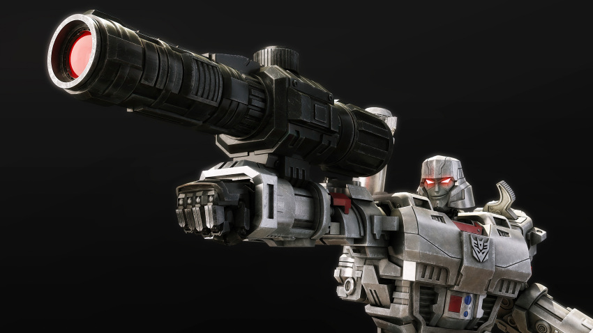 3d absurdres aiming arm_cannon cannon concept_art emblem energy_cannon english_commentary glowing glowing_eyes highres machinery mecha megatron realistic red_eyes rex2017 robot science_fiction smirk transformers upper_body weapon